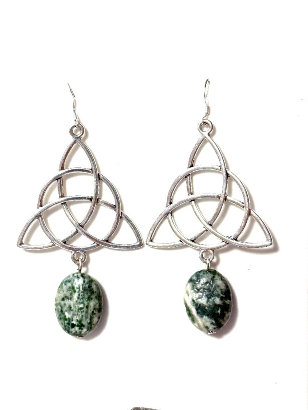 2/$20, Genuine Green Tree Agate Celtic Trinity Sterling Silver Dangle Earrings